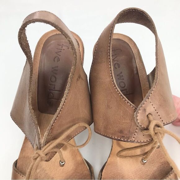 Five Worlds Brown Leather Lace Tie Stacked Heel Platform Sandals - Picture 7 of 16